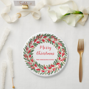 Elegant Red Wreath Holly Berries Christmas Gold Paper Plate