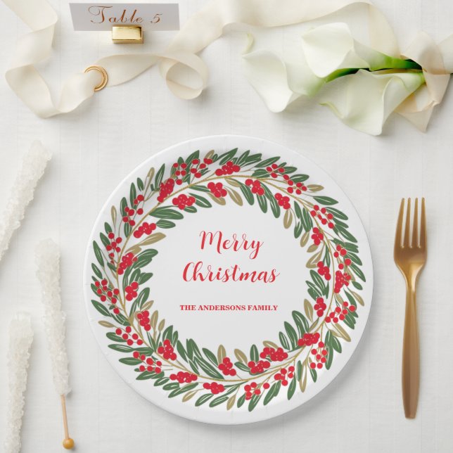 Elegant Red Wreath Holly Berries Christmas Green Paper Plate (Wedding)