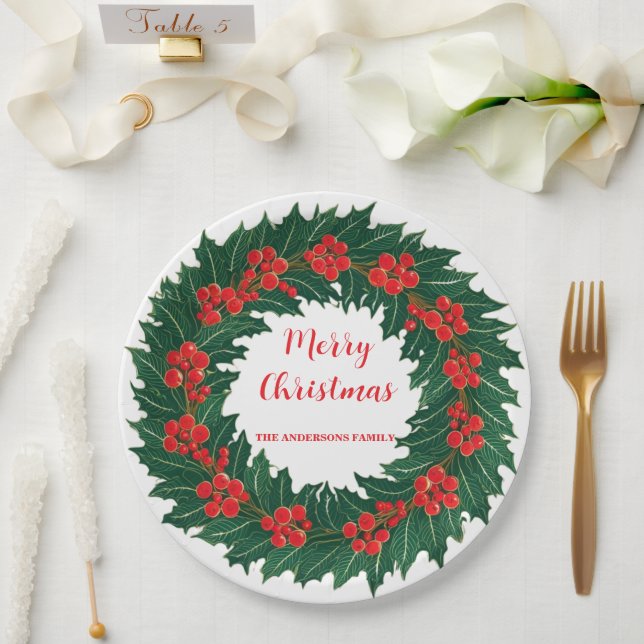 Elegant Red Wreath Holly Berries Christmas Green Paper Plate (Wedding)