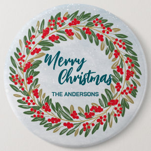 Elegant Red Wreath Holly Berries Gold merry Xmas  6 Cm Round Badge