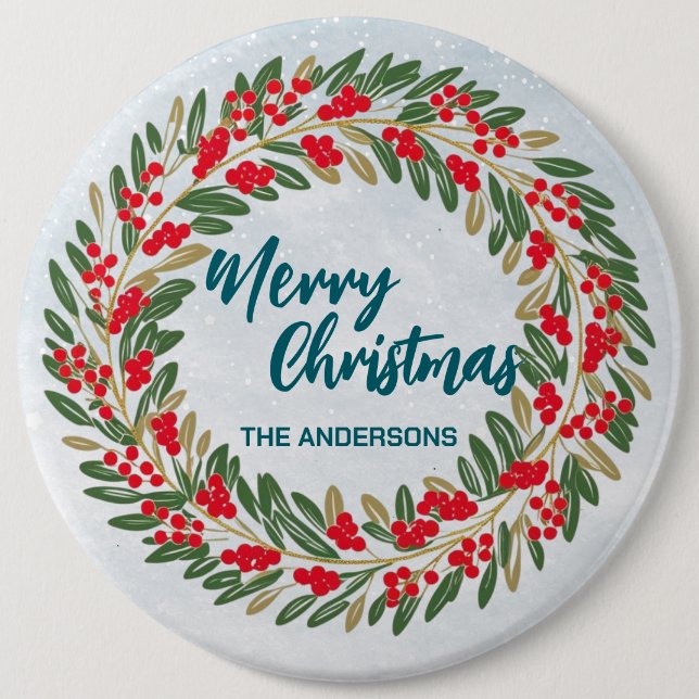 Elegant Red Wreath Holly Berries Gold merry Xmas  6 Cm Round Badge (Front)