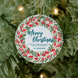 Elegant Red Wreath Holly Berries Gold merry Xmas  Ceramic Ornament