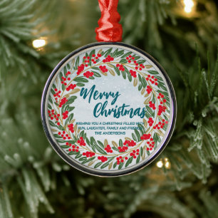 Elegant Red Wreath Holly Berries Gold merry Xmas Metal Ornament