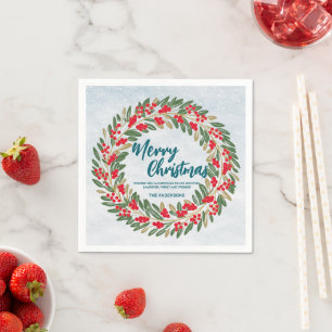 Elegant Red Wreath Holly Berries Gold merry Xmas  Napkin