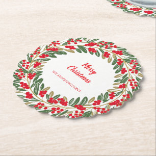 Elegant Red Wreath Holly Berries Gold merry Xmas  Paper Coaster