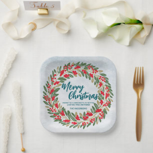 Elegant Red Wreath Holly Berries Gold merry Xmas  Paper Plate