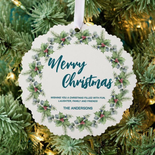 Elegant Red Wreath Holly Berries merry Xmas tree Tree Decoration Card (Insitu (Tree))