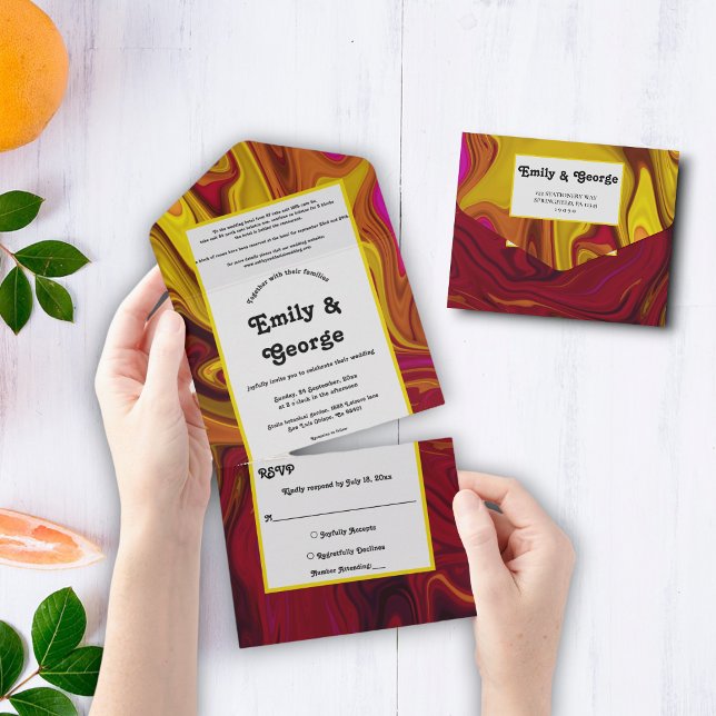 Elegant Red Yellow Abstract Paint Fine Art Wedding All In One Invitation (Creator Uploaded)