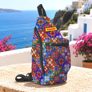 Elegant Red Yellow Mexican Talavera Monogram Tile Sling Bag