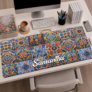 Elegant Red Yellow Mexican Talavera Tile Art Desk Mat