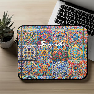 Elegant Red Yellow Mexican Talavera Tile Pattern Laptop Sleeve