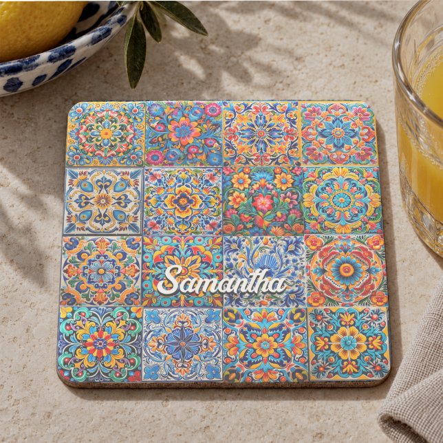 Elegant Red Yellow Mexican Talavera Tile Pattern Stone Coaster (Creator Uploaded)