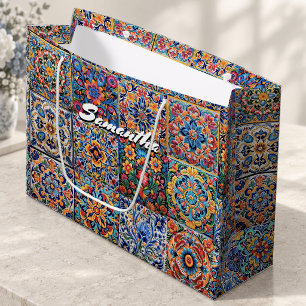 Elegant Red Yellow Mexican Talavera Tiles Large Gift Bag