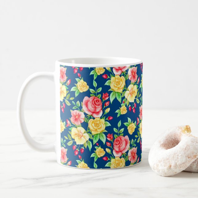Elegant Red Yellow Rose Floral Pattern Coffee Mug (With Donut)