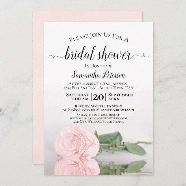 Elegant Reflecting Blush Pink Rose Bridal Shower Invitation (Front/Back)