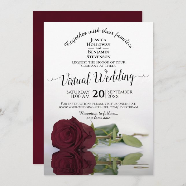 Elegant Reflecting Burgundy Rose Virtual Wedding Invitation (Front/Back)