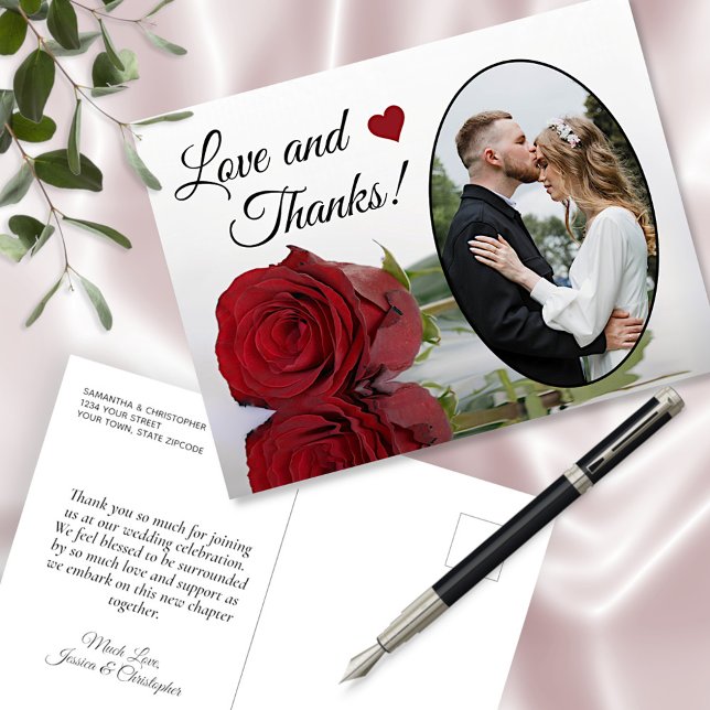 Elegant Reflecting Red Rose Wedding Love & Thanks Postcard (Front and Back)