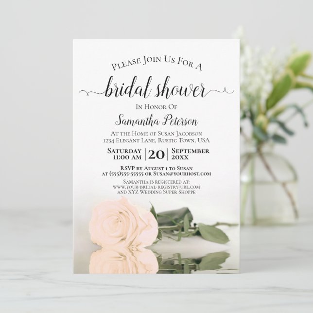 Elegant Reflecting Sepia Peach Rose Bridal Shower Invitation (Standing Front)