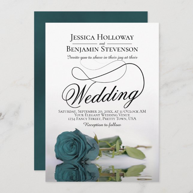 Elegant Reflecting Teal Rose Classy Script Wedding Invitation (Front/Back)