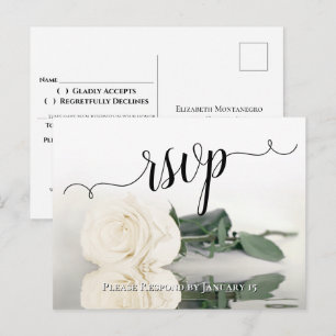 Elegant Reflecting White Ivory Rose Wedding RSVP Postcard
