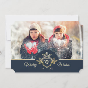Elegant & Regal Family Monogram Gold & Navy Photo Holiday Card