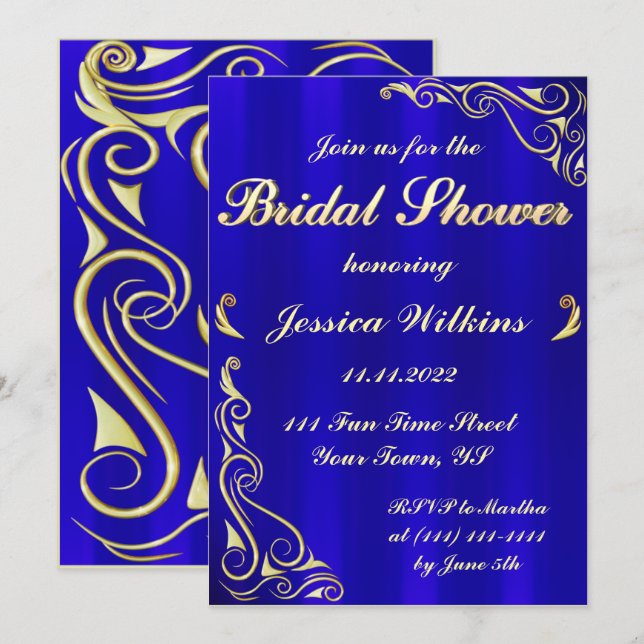Elegant Regal Golden Royal Blue Bridal Shower Invitation (Front/Back)