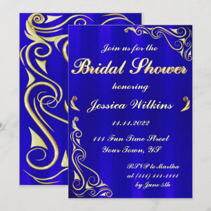 Elegant Regal Golden Royal Blue Bridal Shower Invitation