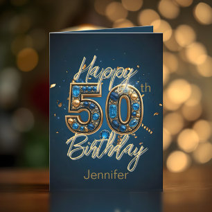 Elegant Regal Midnight Blue and Gold 50th Birthday Card