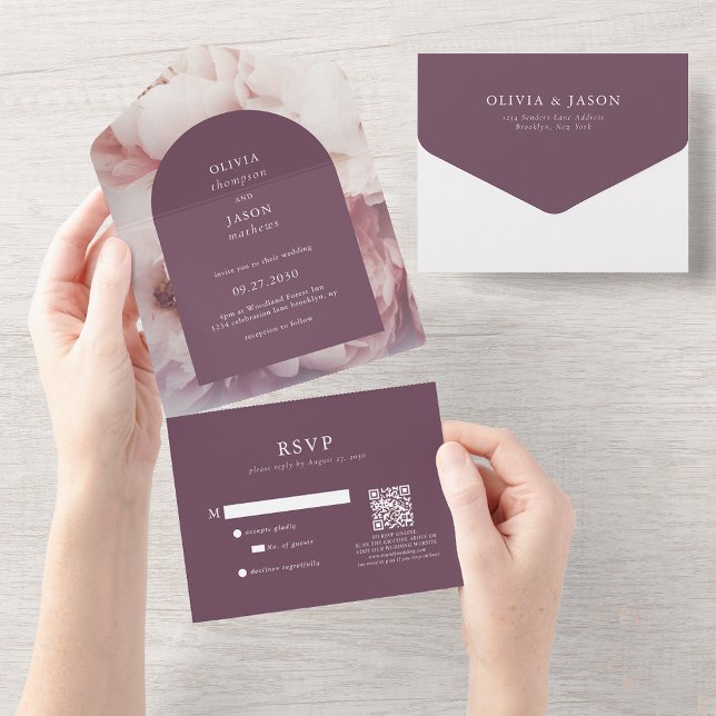 Elegant Regal Purple Peonies Arch QR Code Wedding All In One Invitation (Creator Uploaded)