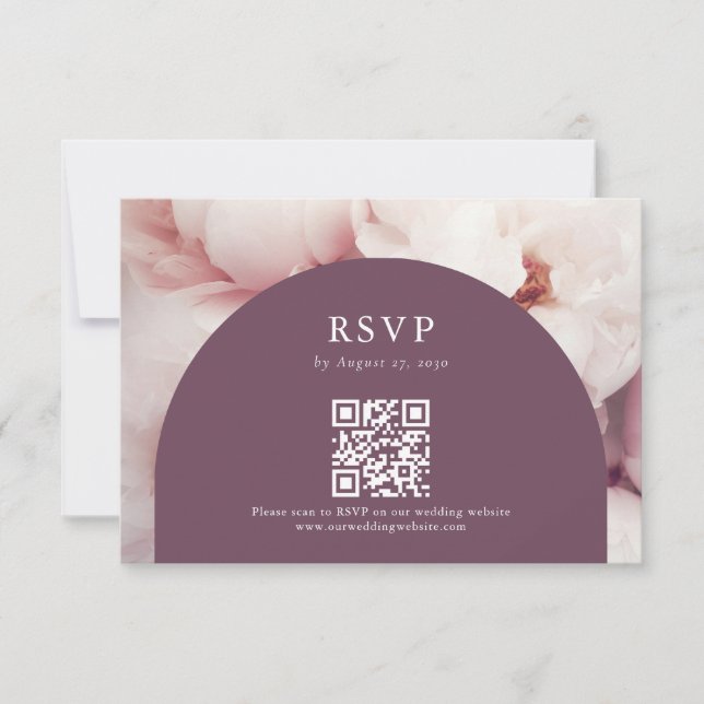 Elegant Regal Purple Peonies QR Code Wedding RSVP Card (Front)