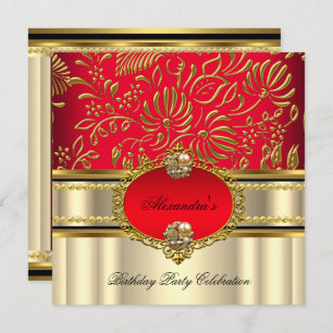Elegant Regal Red Cream Gold Damask Birthday Invitation