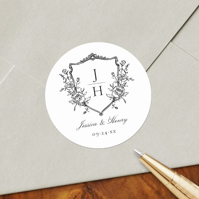 Elegant Regency Floral Crest Monogram Wedding  Classic Round Sticker (Creator Uploaded)
