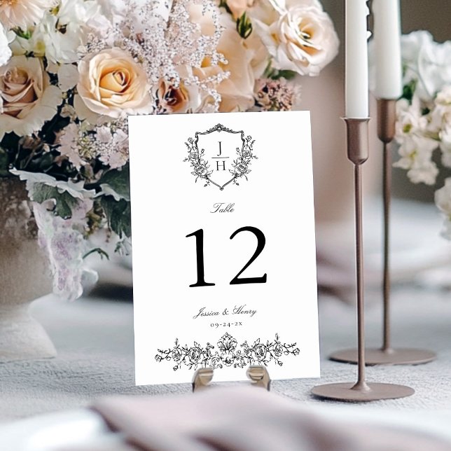 Elegant Regency Floral Crest Monogram Wedding  Table Number (Creator Uploaded)