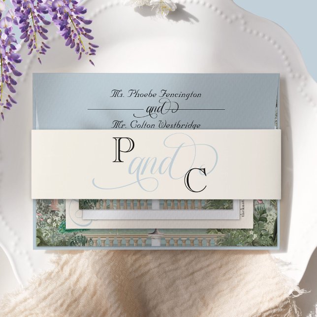 Elegant Regency Wisteria Floral Monogram Wedding Invitation Belly Band (Elegant Regency era dusty blue and cream monogram Bridgerton vintage wedding invitation belly band)
