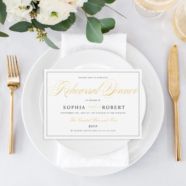 Elegant Rehearsal Dinner Black and Gold on White Invitation (Creator Uploaded)