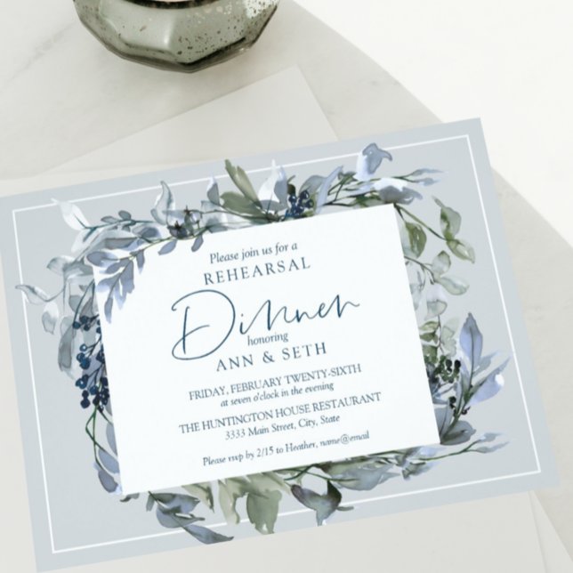 Elegant Rehearsal Dinner Blue Floral Wreath Invitation (Creator Uploaded)