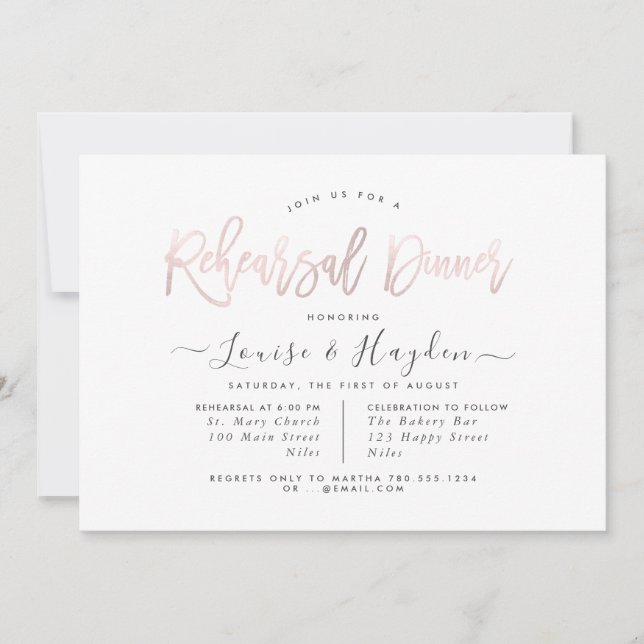 Elegant Rehearsal Dinner, Blush Modern Script Announcement (Front)