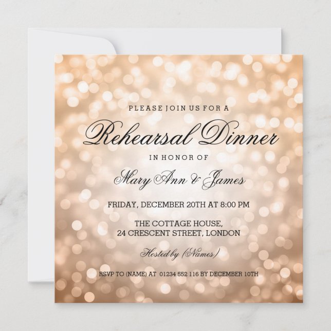 Elegant Rehearsal Dinner Copper Glitter Lights Invitation (Front)