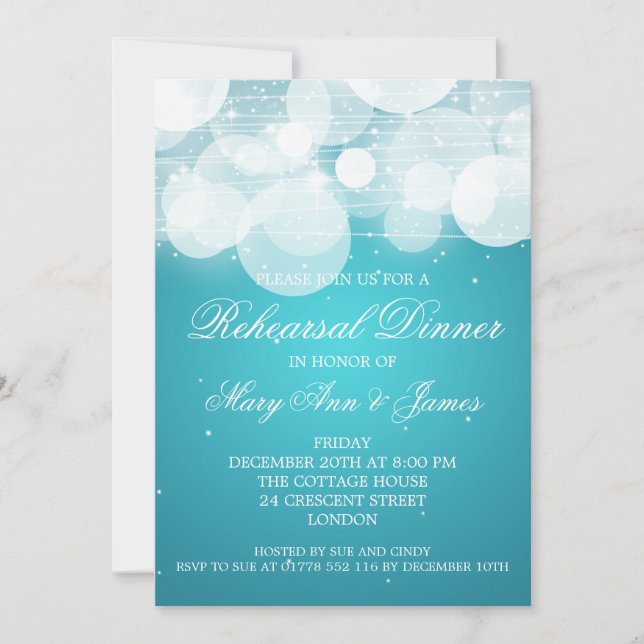 Elegant Rehearsal Dinner Glow & Sparkle Turquoise Invitation (Front)