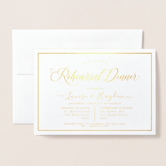 Elegant Rehearsal Dinner, Gold Foil Foil Card (Front With Envelope)
