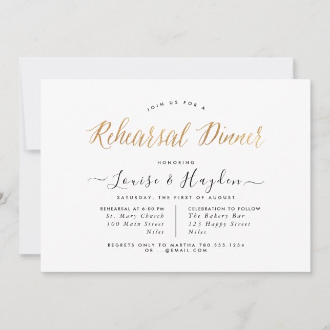 Elegant Rehearsal Dinner, Gold Modern Script Announcement (Front)