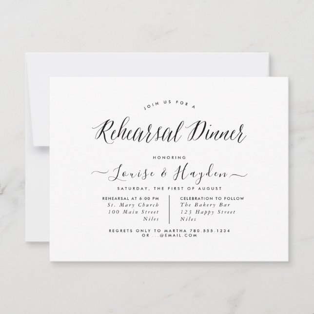 Elegant Rehearsal Dinner, Handwritten Brush Script Announcement (Front)
