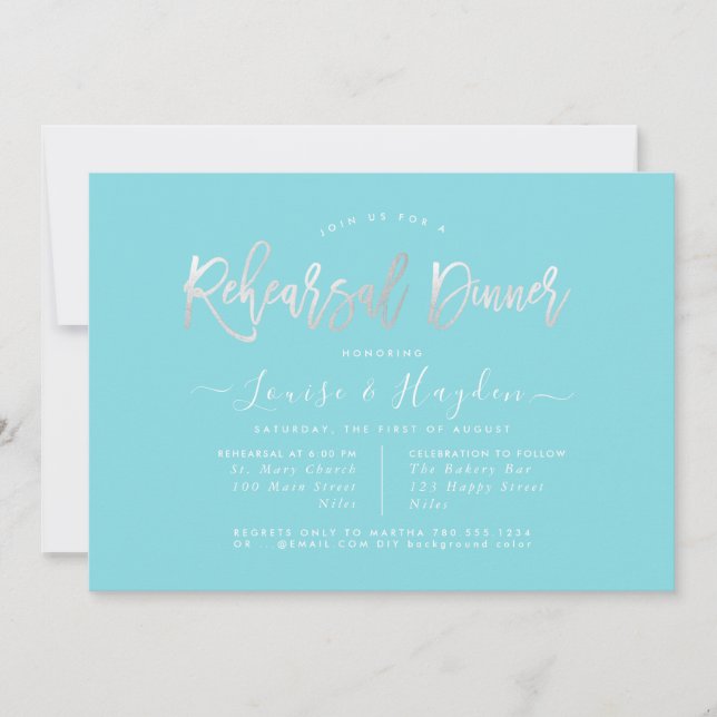 Elegant Rehearsal Dinner, Platinum Modern Script Announcement (Front)
