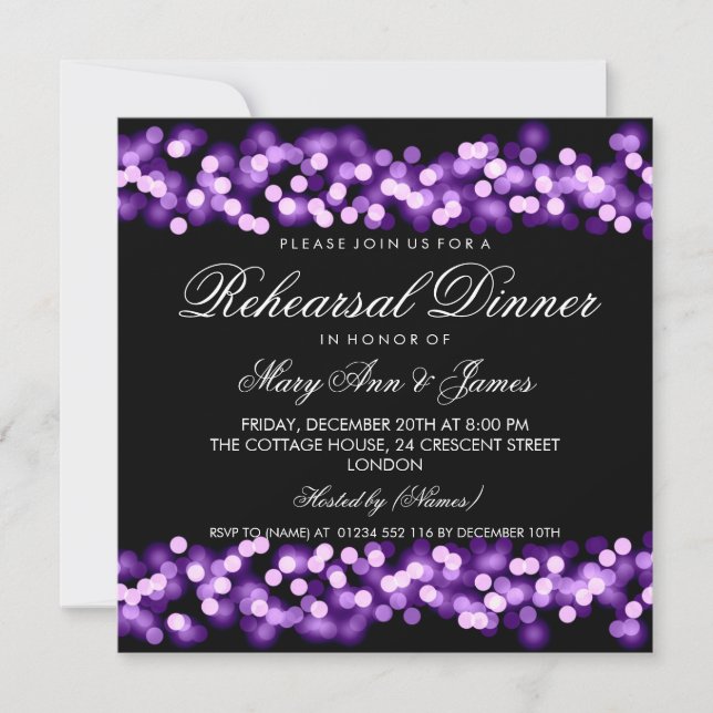 Elegant Rehearsal Dinner Purple Hollywood Glam Invitation (Front)