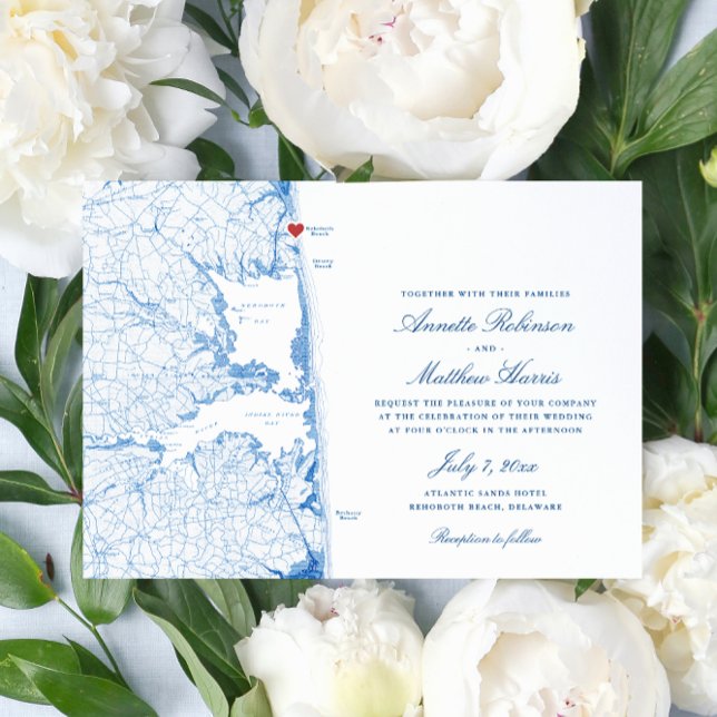 Elegant Rehoboth Beach Delaware Map Wedding Invitation (Elegant Rehoboth Beach Delaware Wedding invitation with navy blue map from Coastal Map Designs)