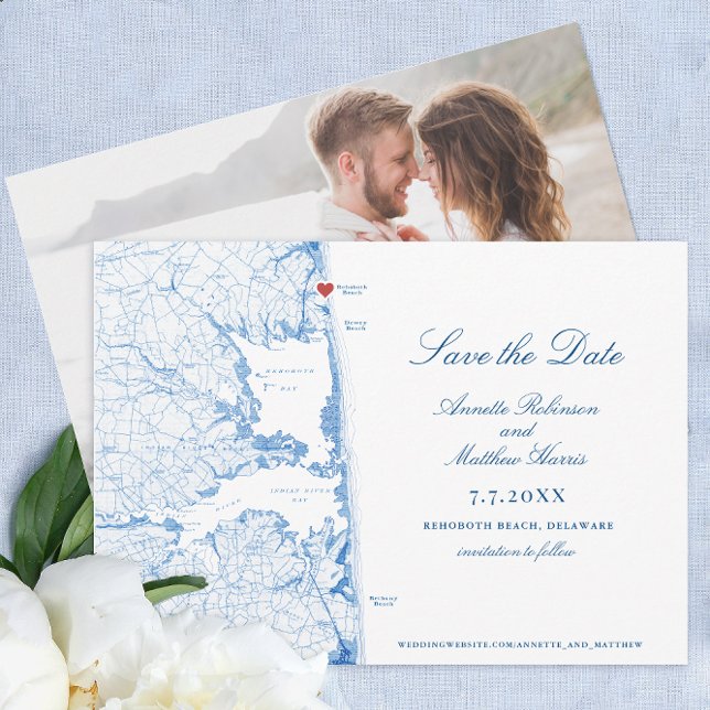 Elegant Rehoboth Beach Delaware Map Wedding Save The Date (Elegant Rehoboth Beach Delaware Wedding save the date with photo back and navy blue map )