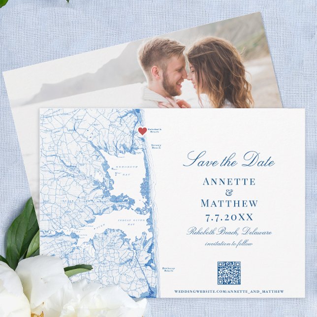 Elegant Rehoboth Beach Map Navy Wedding Save The Date (Elegant Rehoboth Beach Delaware Wedding save the date with photo back and navy blue map )