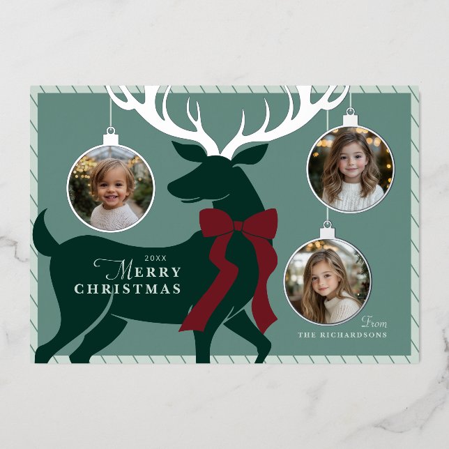 Elegant Reindeer 3 Photos Silver Foil Holiday Card (Front)