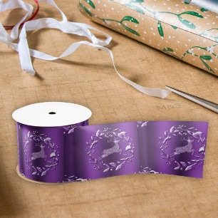 Elegant Reindeer and Wreaths Purple Christmas Satin Ribbon