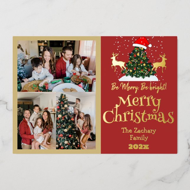 Elegant Reindeer Christmas Family Photo Collage Foil Holiday Card (Front)